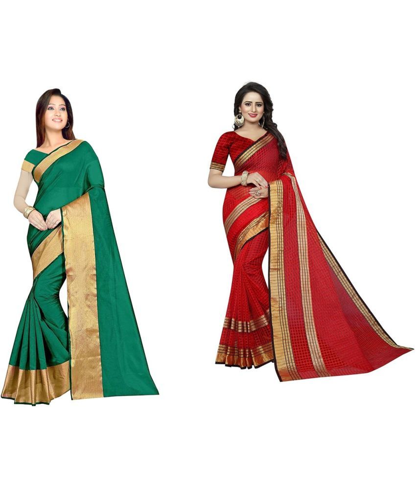     			Saadhvi Cotton Silk Printed Saree With Blouse Piece - Multicolor ( Pack of 2 )