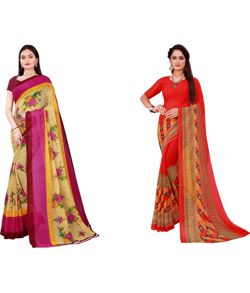     			Saadhvi Cotton Silk Printed Saree With Blouse Piece - Multicolor ( Pack of 2 )