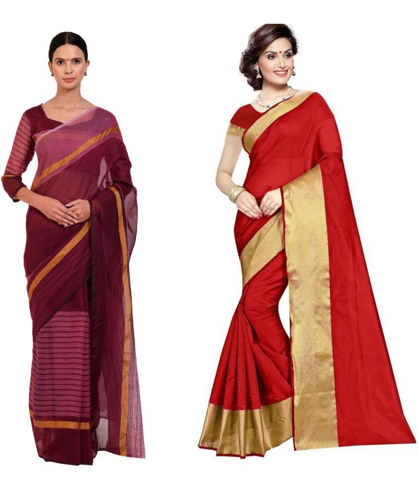     			Saadhvi Cotton Silk Printed Saree With Blouse Piece - Multicolor ( Pack of 2 )