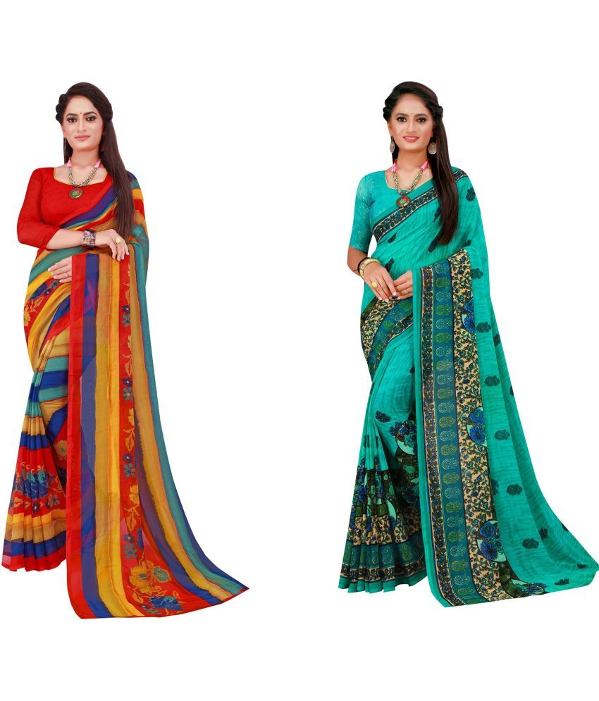     			Saadhvi Cotton Silk Printed Saree With Blouse Piece - Multicolor ( Pack of 2 )