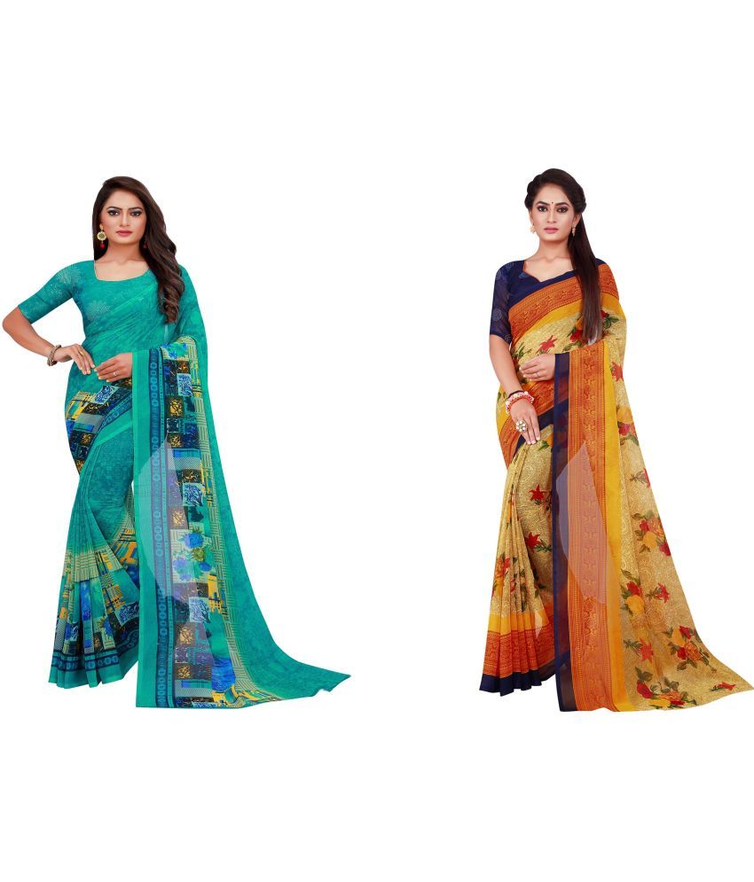     			Saadhvi Cotton Silk Printed Saree With Blouse Piece - Multicolor ( Pack of 2 )