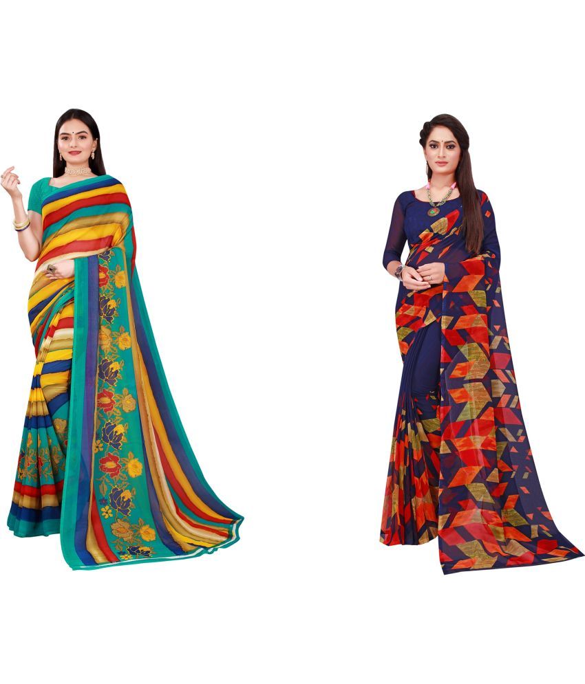     			Saadhvi Cotton Silk Printed Saree With Blouse Piece - Multicolor ( Pack of 2 )