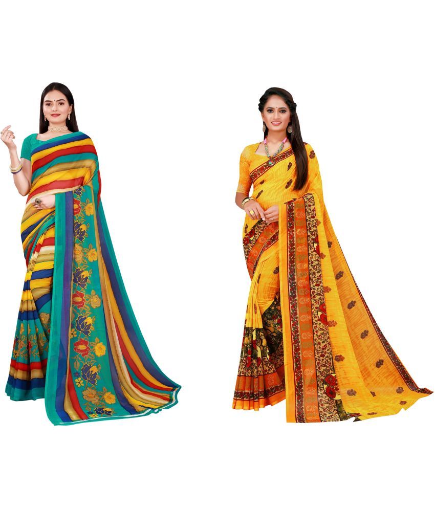     			Saadhvi Cotton Silk Printed Saree With Blouse Piece - Multicolor ( Pack of 2 )