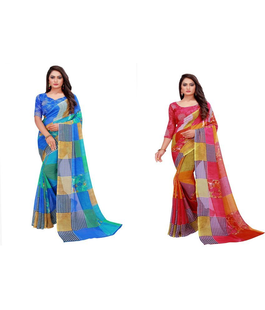     			Saadhvi Cotton Silk Printed Saree With Blouse Piece - Multicolor ( Pack of 2 )