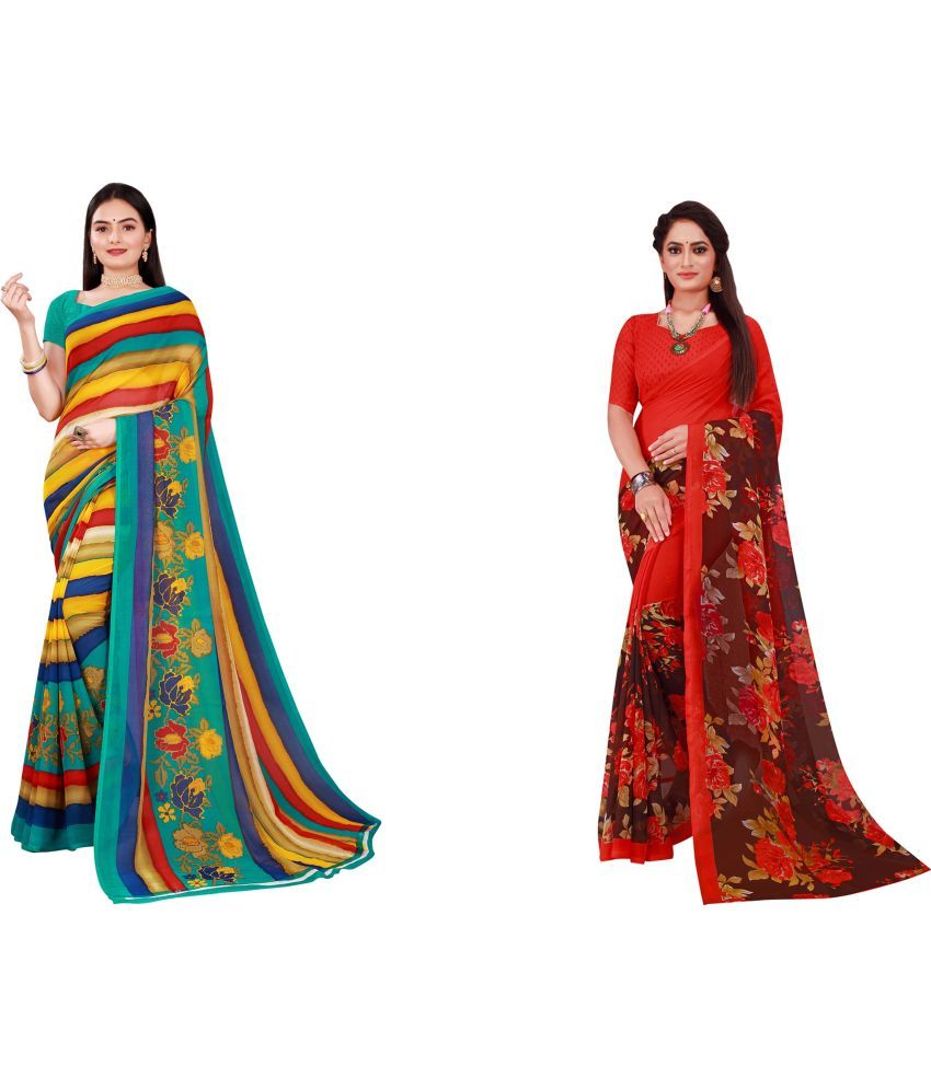     			Saadhvi Cotton Silk Printed Saree With Blouse Piece - Multicolor ( Pack of 2 )