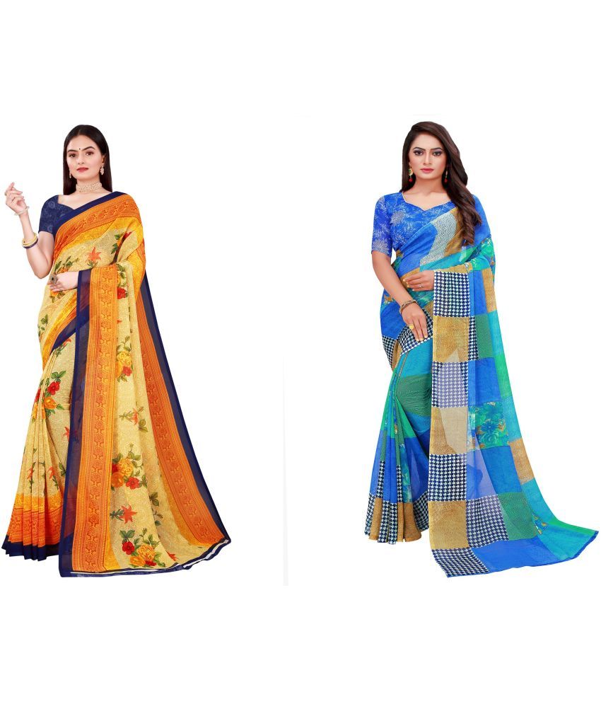     			Saadhvi Cotton Silk Printed Saree With Blouse Piece - Multicolor ( Pack of 2 )