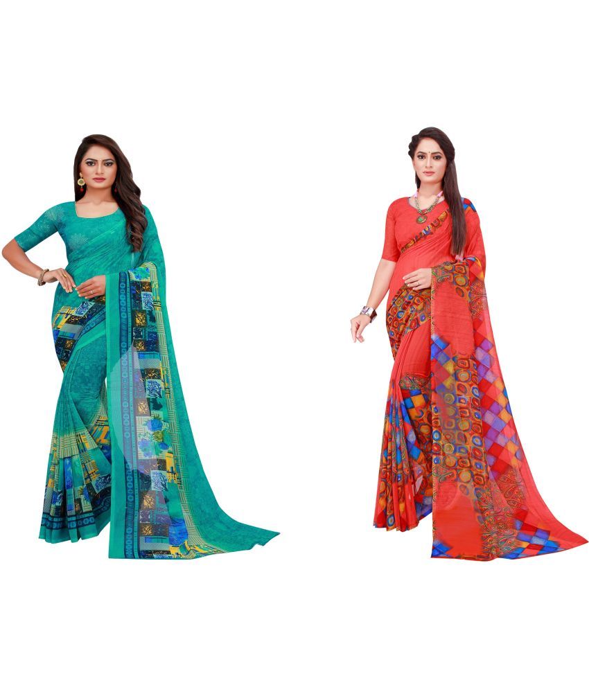     			Saadhvi Cotton Silk Printed Saree With Blouse Piece - Multicolor ( Pack of 2 )