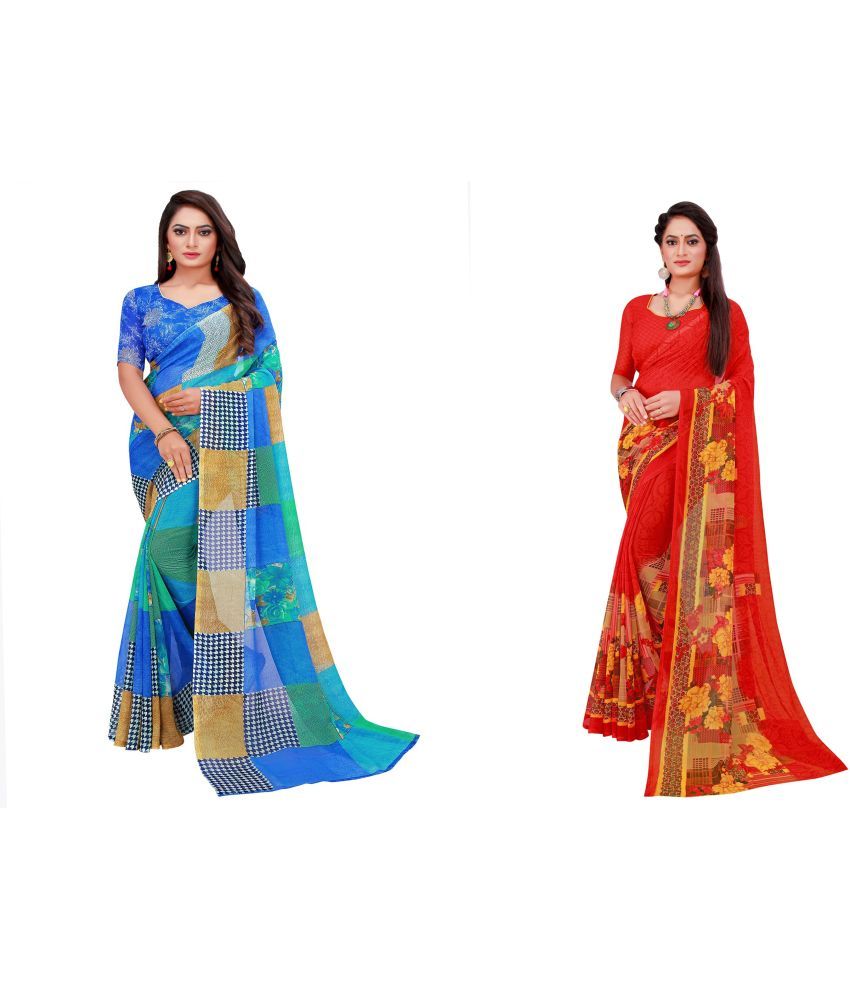     			Saadhvi Cotton Silk Printed Saree With Blouse Piece - Multicolor ( Pack of 2 )