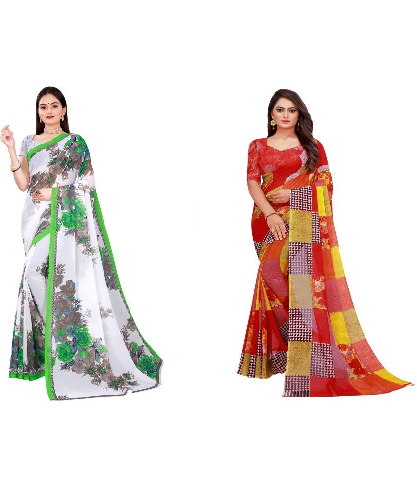     			Saadhvi Cotton Silk Printed Saree With Blouse Piece - Multicolor ( Pack of 2 )