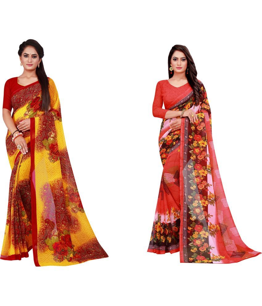     			Saadhvi Cotton Silk Printed Saree With Blouse Piece - Multicolor ( Pack of 2 )