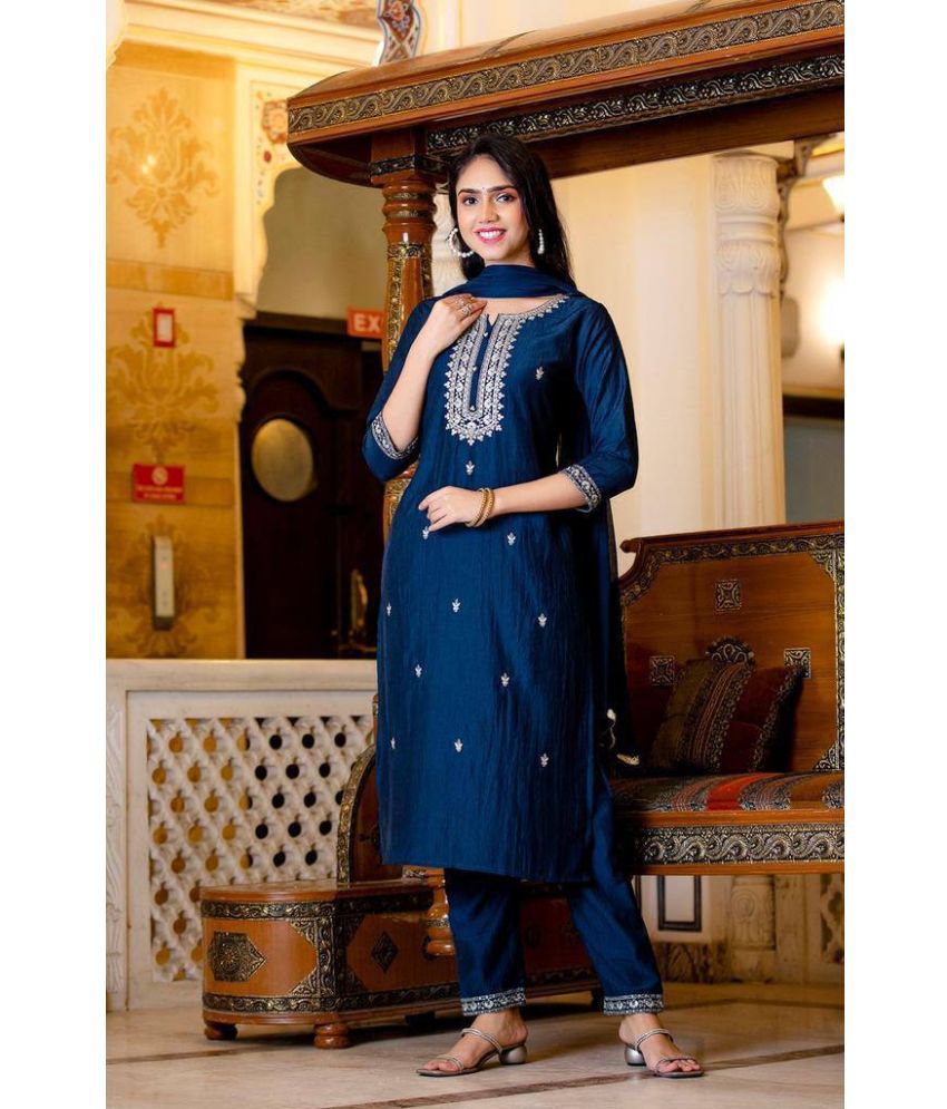     			TRAHIMAM Cotton Blend Embroidered Kurti With Pants Women's Stitched Salwar Suit - Blue ( Pack of 1 )