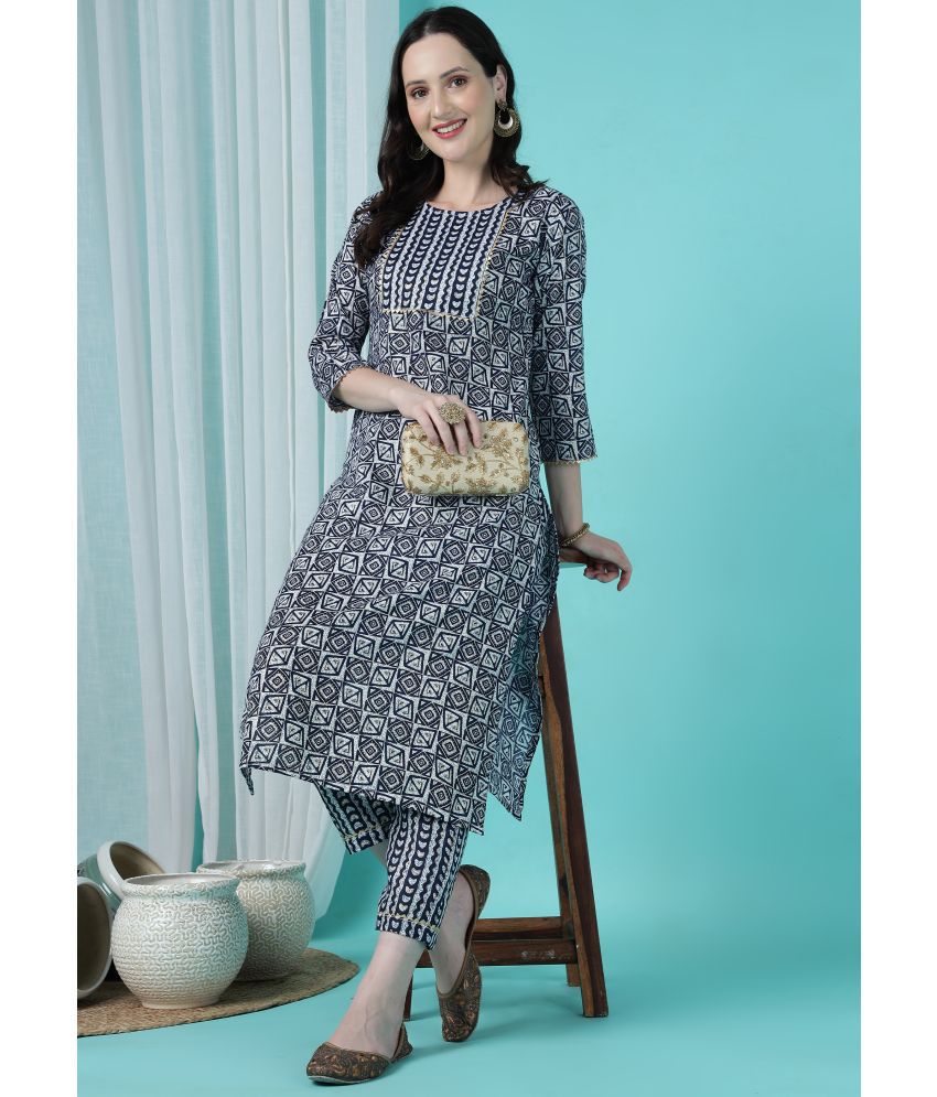     			TRAHIMAM Cotton Blend Printed Kurti With Pants Women's Stitched Salwar Suit - Blue ( Pack of 1 )