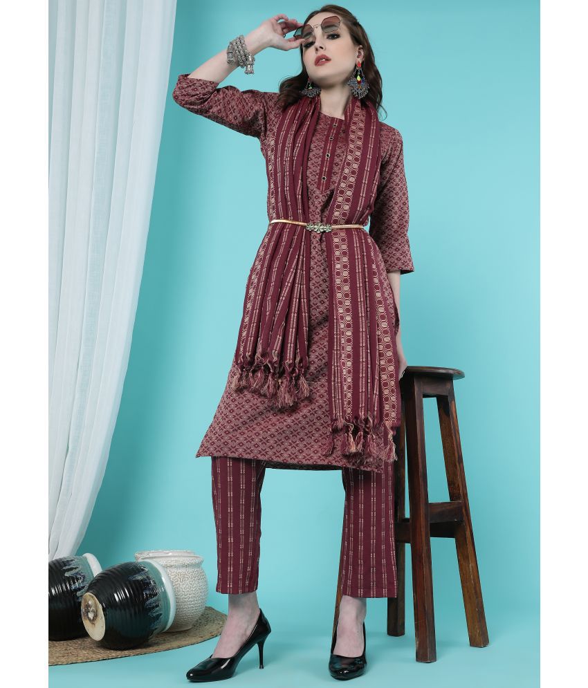     			TRAHIMAM Cotton Printed Kurti With Pants Women's Stitched Salwar Suit - Maroon ( Pack of 1 )