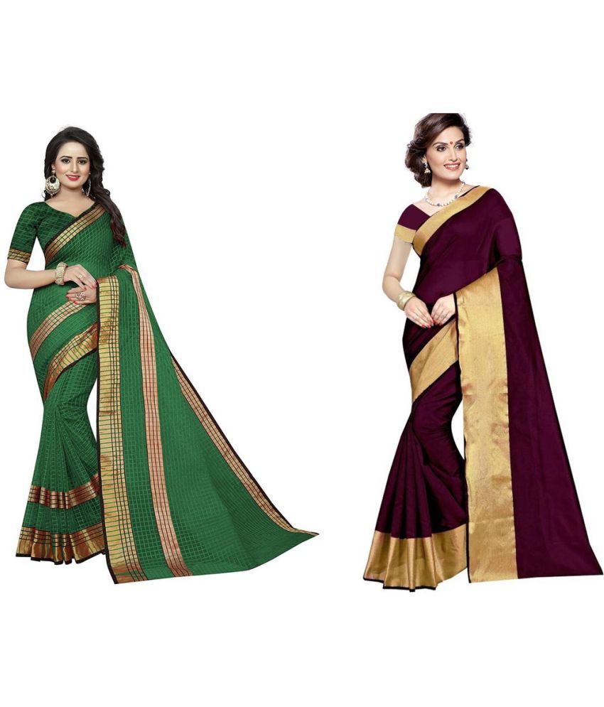     			Vkaran Cotton Silk Printed Saree With Blouse Piece - Multicolor ( Pack of 2 )