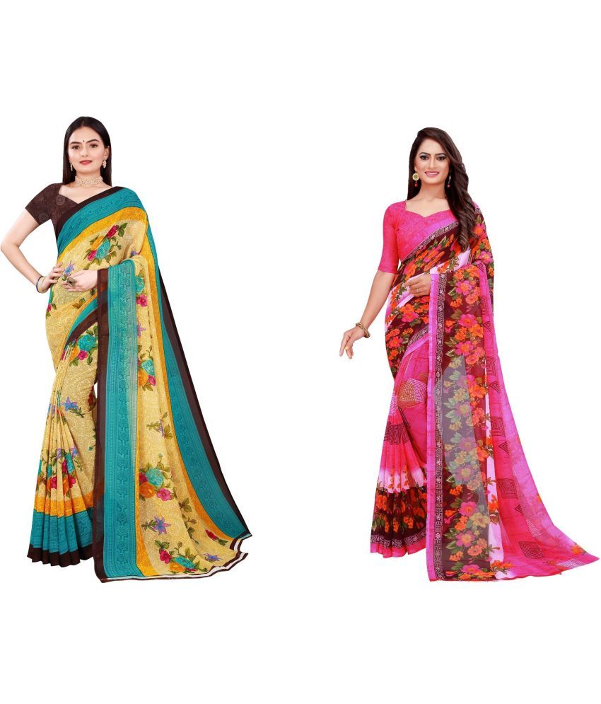     			Vkaran Cotton Silk Printed Saree With Blouse Piece - Multicolor ( Pack of 2 )