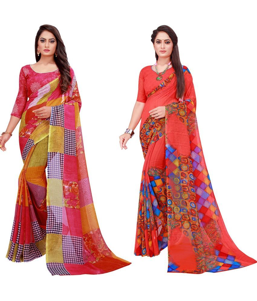     			Vkaran Cotton Silk Printed Saree With Blouse Piece - Multicolor ( Pack of 2 )