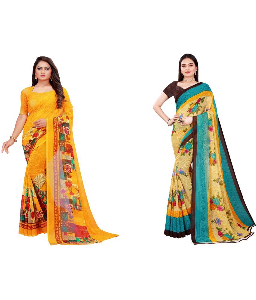     			Vkaran Cotton Silk Printed Saree With Blouse Piece - Multicolor ( Pack of 2 )