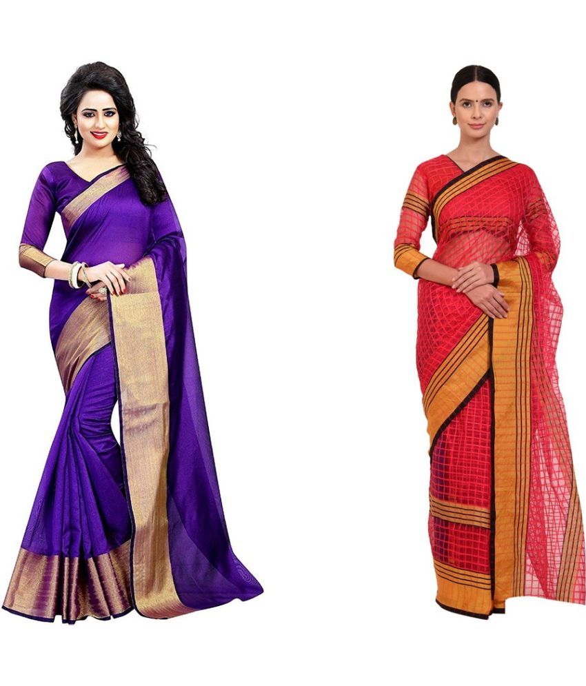     			Vkaran Cotton Silk Printed Saree With Blouse Piece - Multicolor ( Pack of 2 )