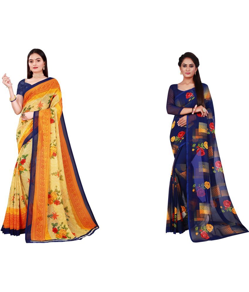     			Vkaran Cotton Silk Printed Saree With Blouse Piece - Multicolor ( Pack of 2 )