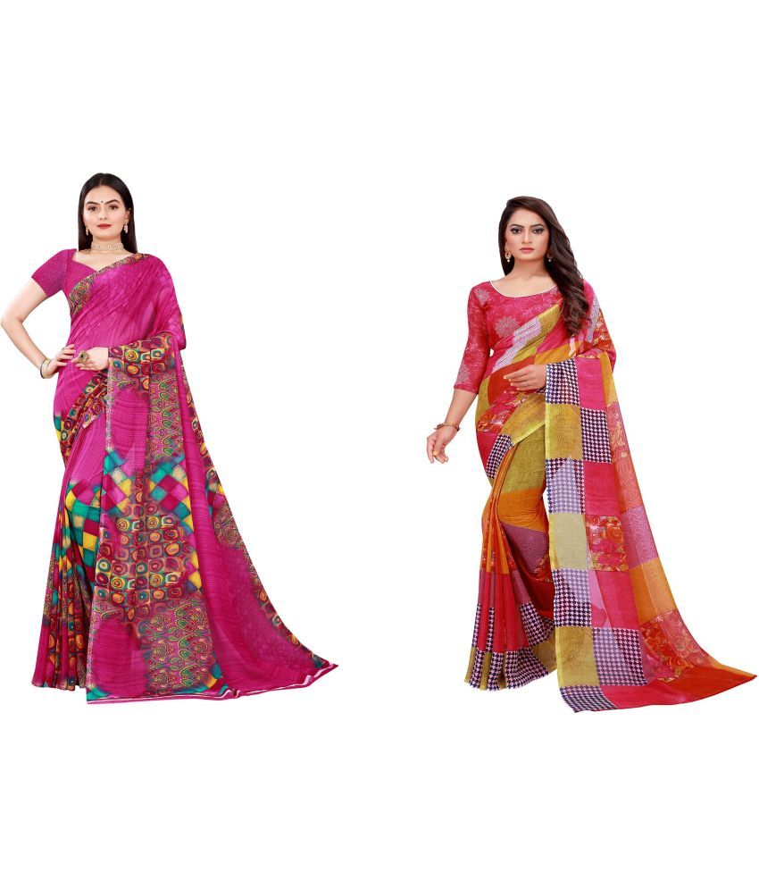     			Vkaran Cotton Silk Printed Saree With Blouse Piece - Multicolor ( Pack of 2 )