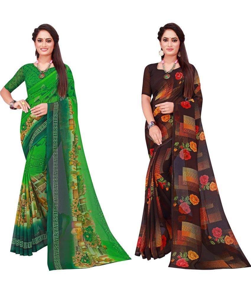     			Vkaran Cotton Silk Printed Saree With Blouse Piece - Multicolor ( Pack of 2 )