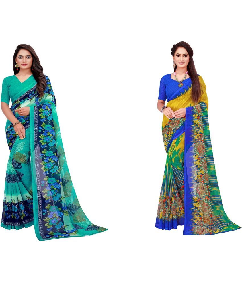     			Vkaran Cotton Silk Printed Saree With Blouse Piece - Multicolor ( Pack of 2 )