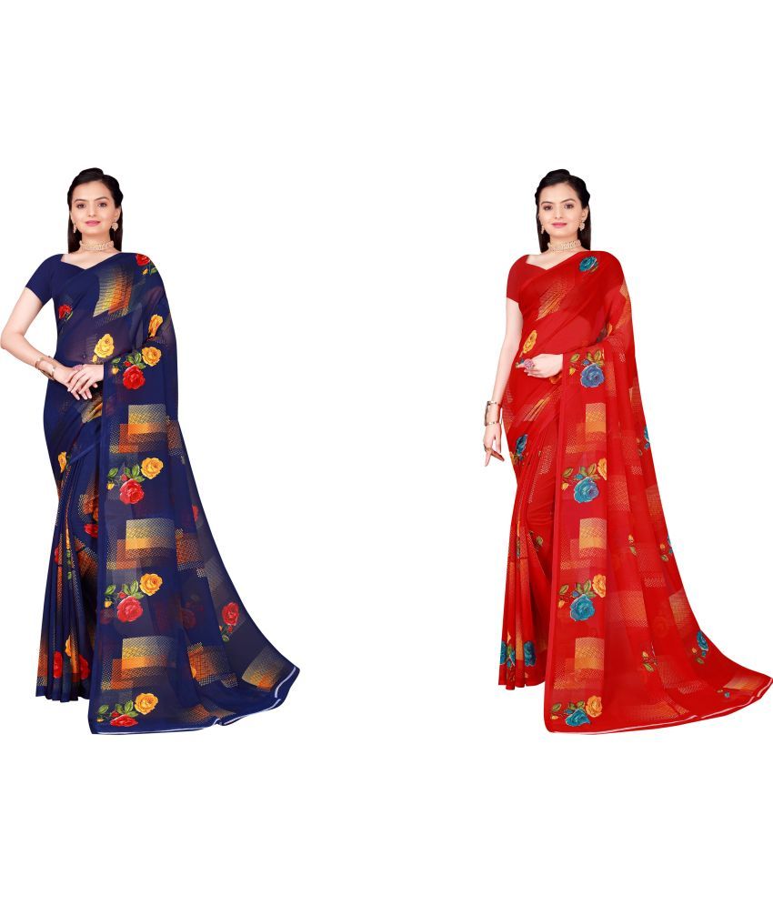     			Vkaran Cotton Silk Printed Saree With Blouse Piece - Multicolor ( Pack of 2 )