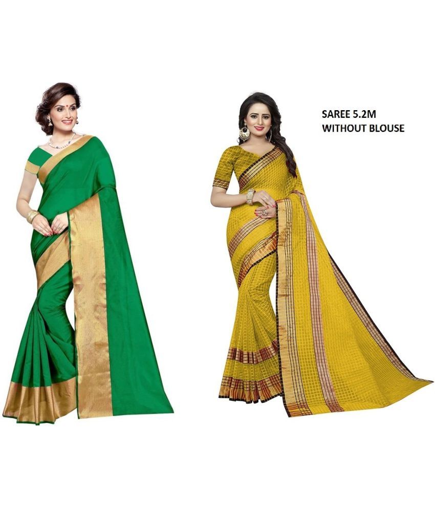     			Vkaran Cotton Silk Printed Saree With Blouse Piece - Multicolor ( Pack of 2 )