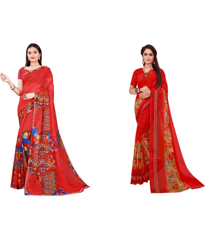     			Vkaran Cotton Silk Printed Saree With Blouse Piece - Multicolor ( Pack of 2 )