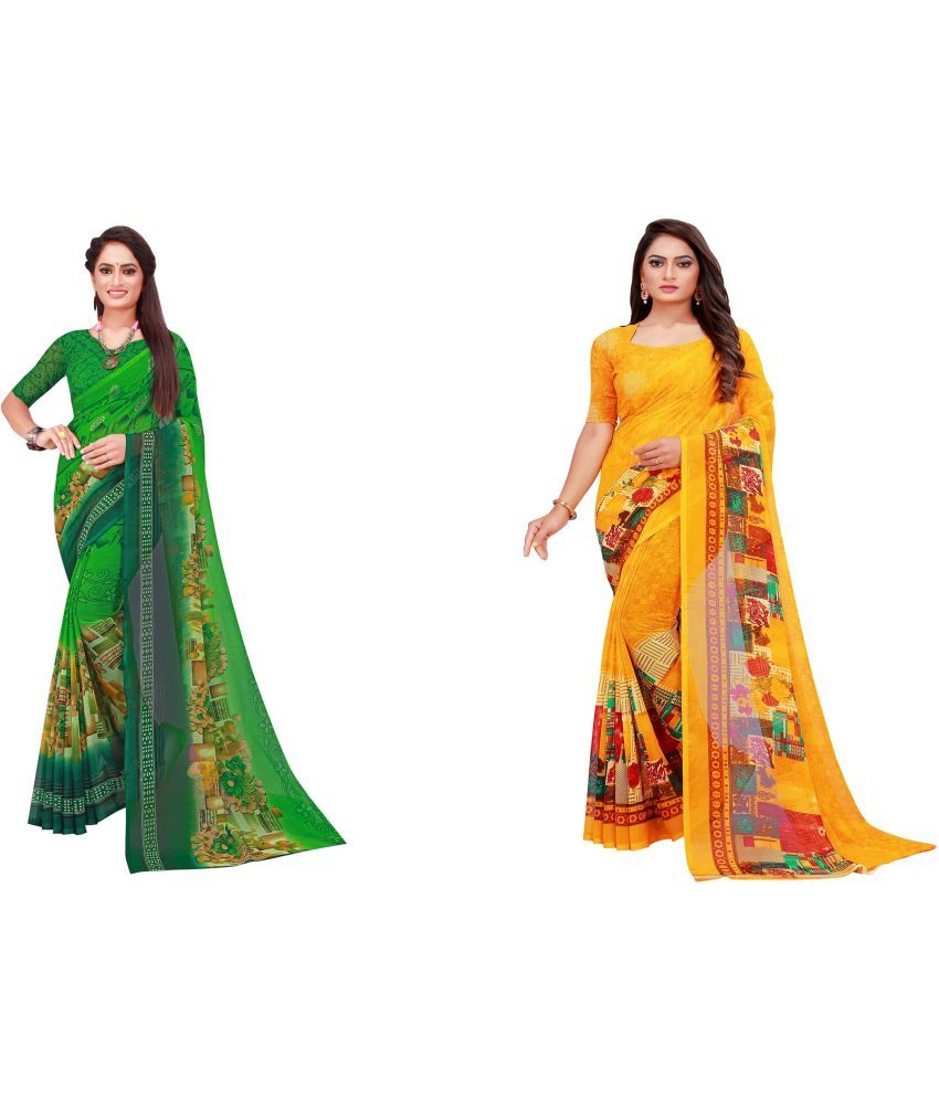     			Vkaran Cotton Silk Printed Saree With Blouse Piece - Multicolor ( Pack of 2 )