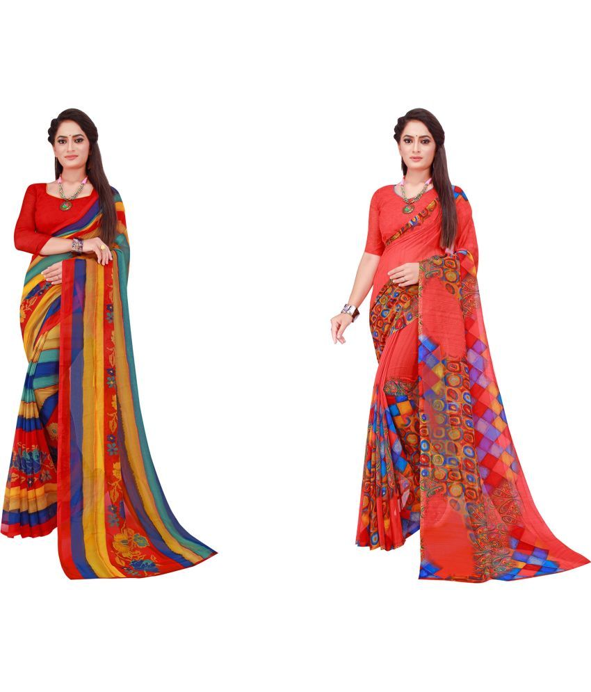     			Vkaran Cotton Silk Printed Saree With Blouse Piece - Multicolor ( Pack of 2 )