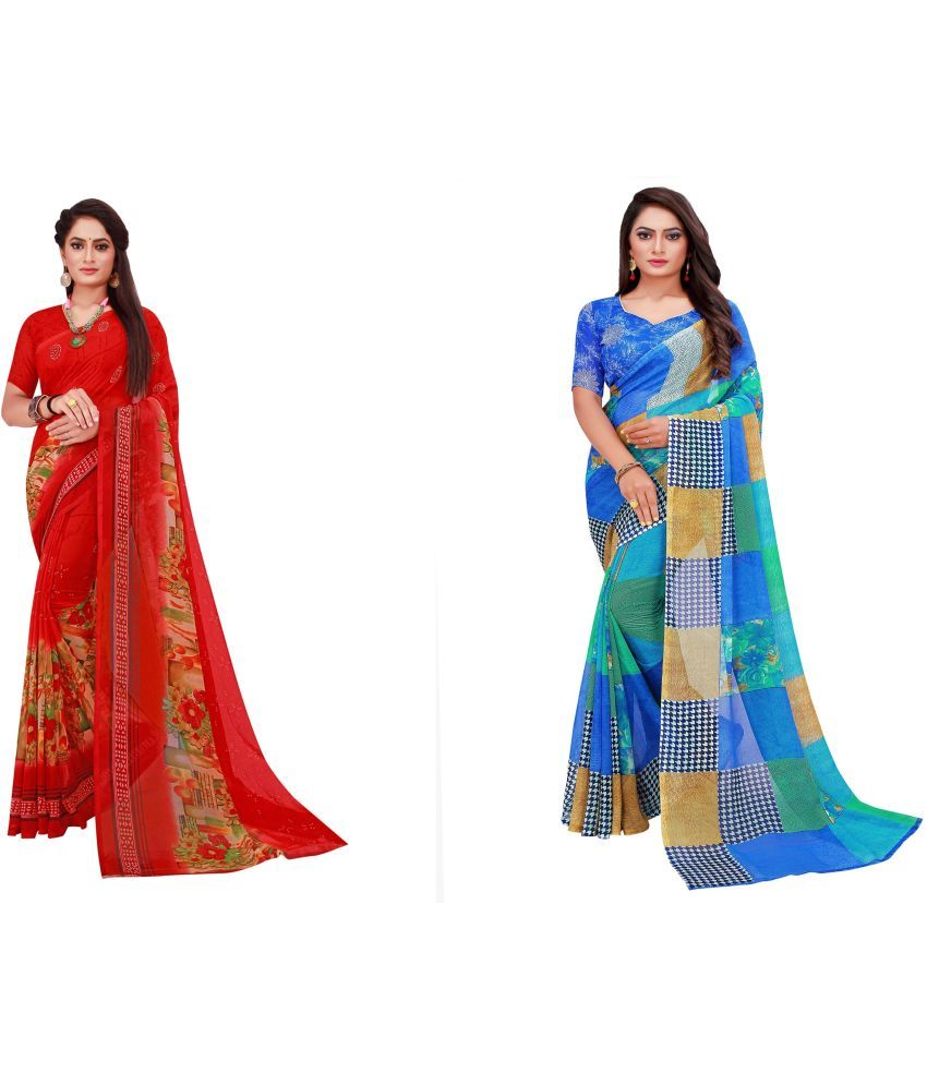     			Vkaran Cotton Silk Printed Saree With Blouse Piece - Multicolor ( Pack of 2 )