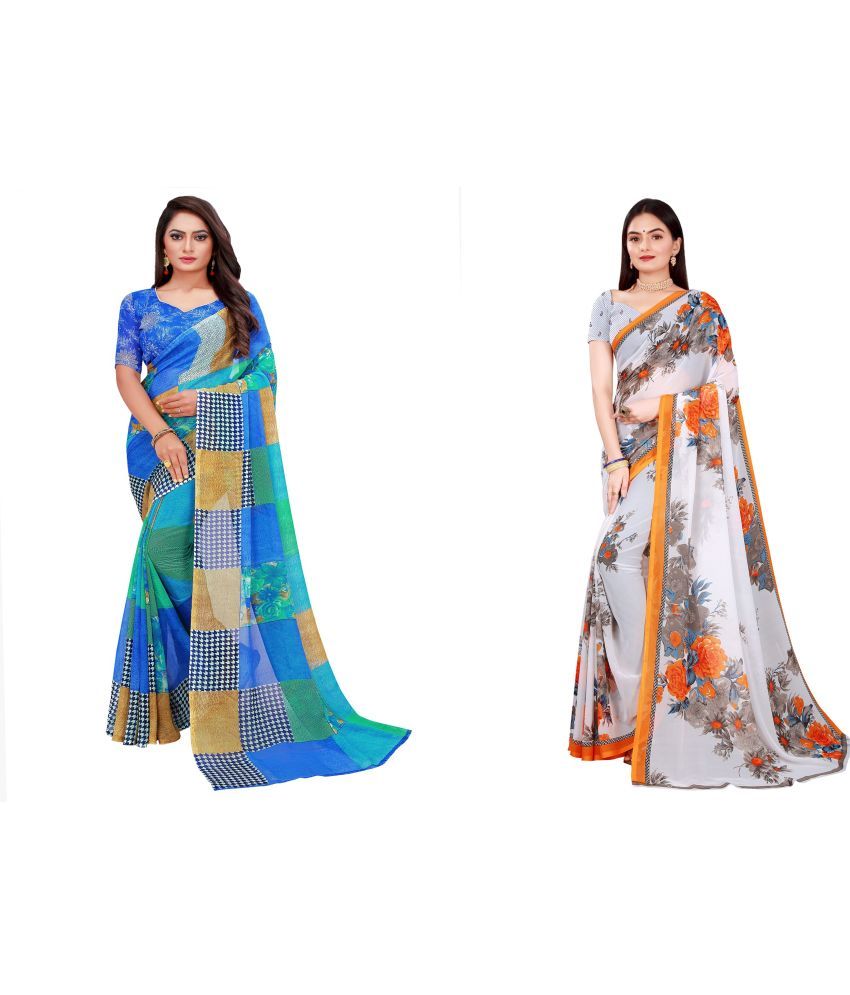     			Vkaran Cotton Silk Printed Saree With Blouse Piece - Multicolor ( Pack of 2 )