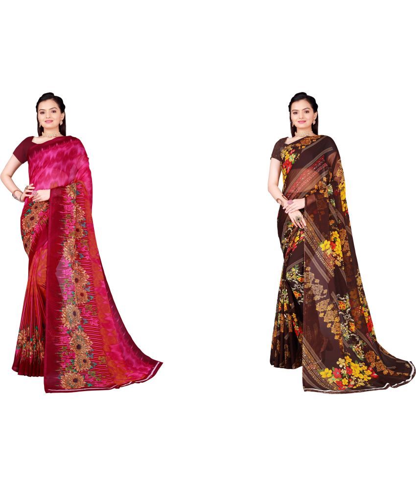     			Vkaran Cotton Silk Printed Saree With Blouse Piece - Multicolor ( Pack of 2 )