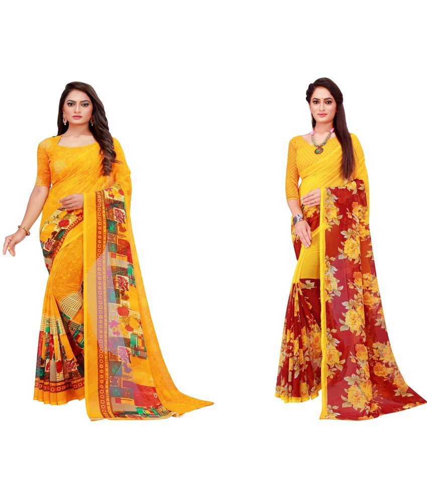     			Vkaran Cotton Silk Printed Saree With Blouse Piece - Multicolor ( Pack of 2 )