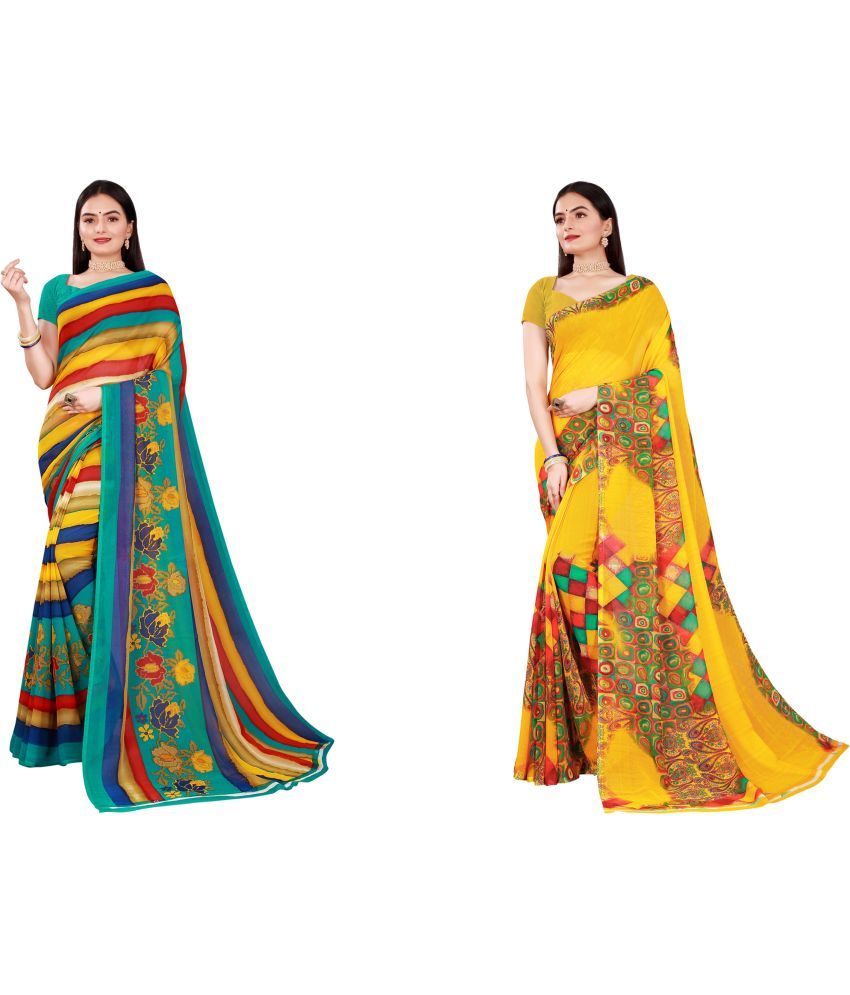     			Vkaran Cotton Silk Printed Saree With Blouse Piece - Multicolor ( Pack of 2 )