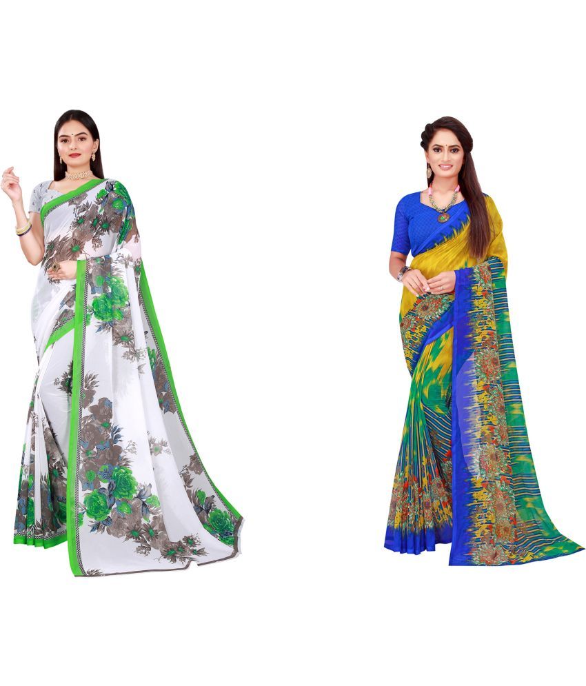     			Vkaran Cotton Silk Printed Saree With Blouse Piece - Multicolor ( Pack of 2 )