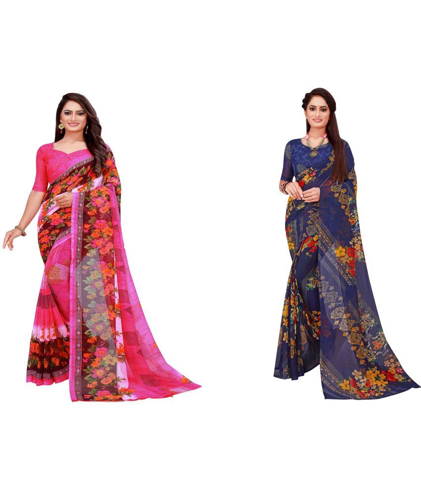     			Vkaran Cotton Silk Printed Saree With Blouse Piece - Multicolor ( Pack of 2 )