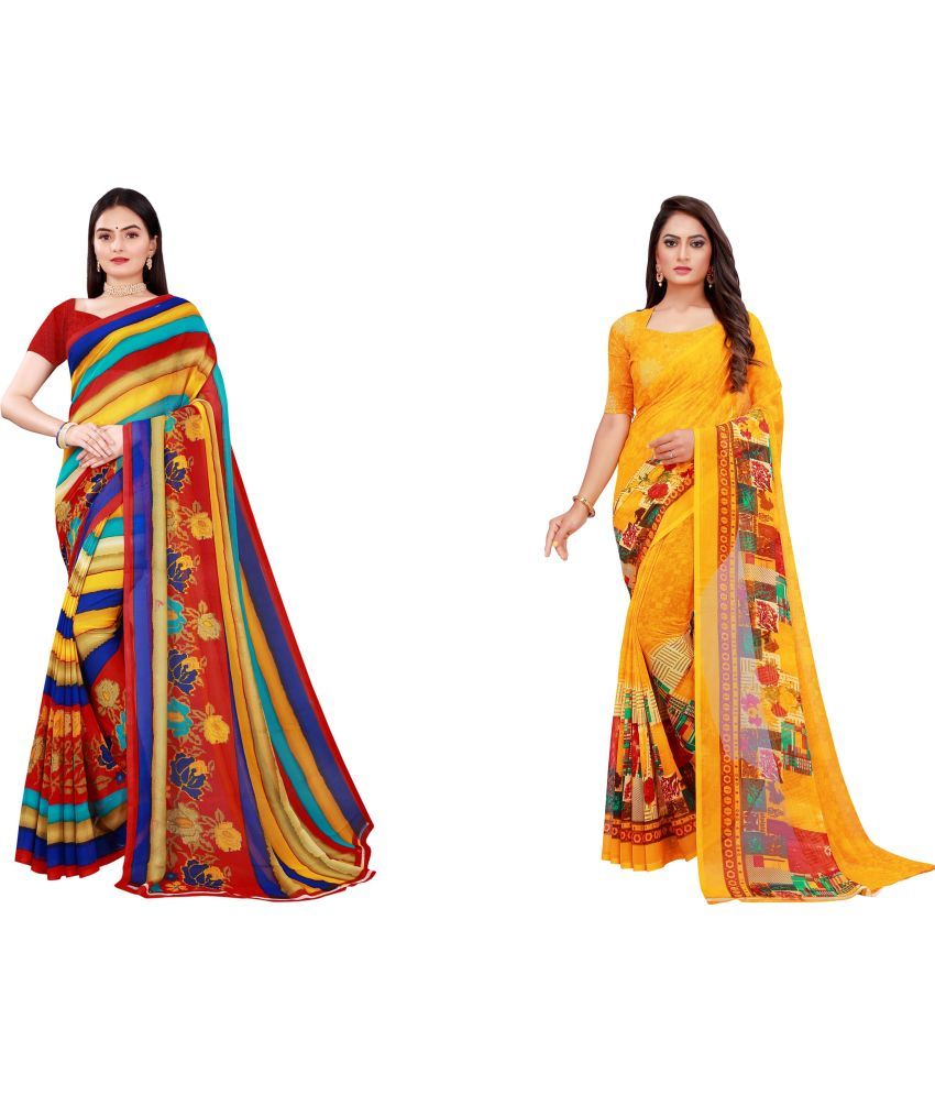     			Vkaran Cotton Silk Printed Saree With Blouse Piece - Multicolor ( Pack of 2 )