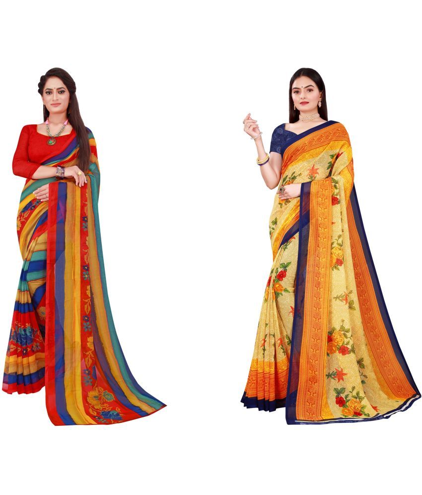     			Vkaran Cotton Silk Printed Saree With Blouse Piece - Multicolor ( Pack of 2 )