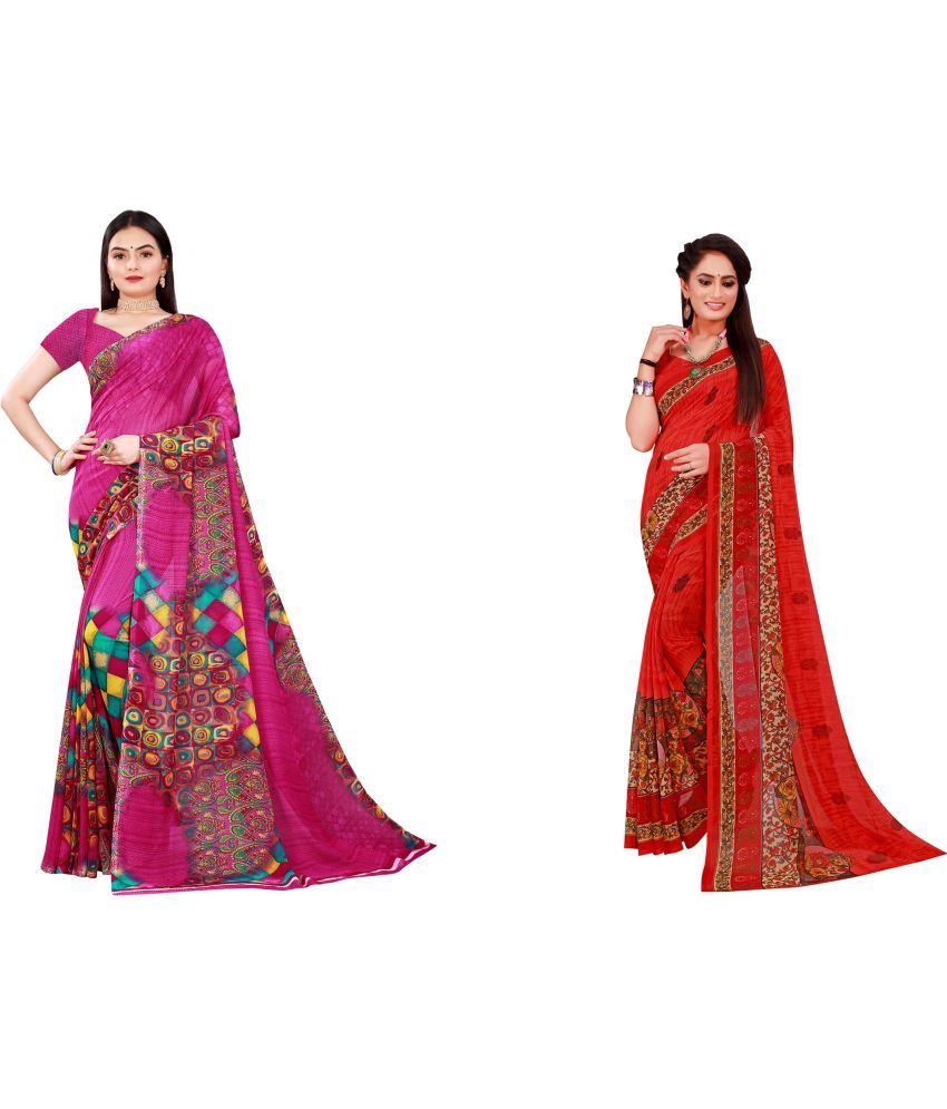     			Vkaran Cotton Silk Printed Saree With Blouse Piece - Multicolor ( Pack of 2 )