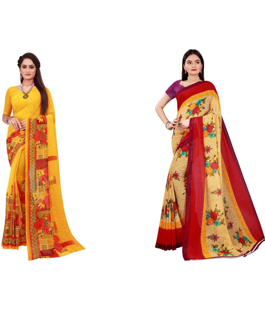     			Vkaran Cotton Silk Printed Saree With Blouse Piece - Multicolor ( Pack of 2 )