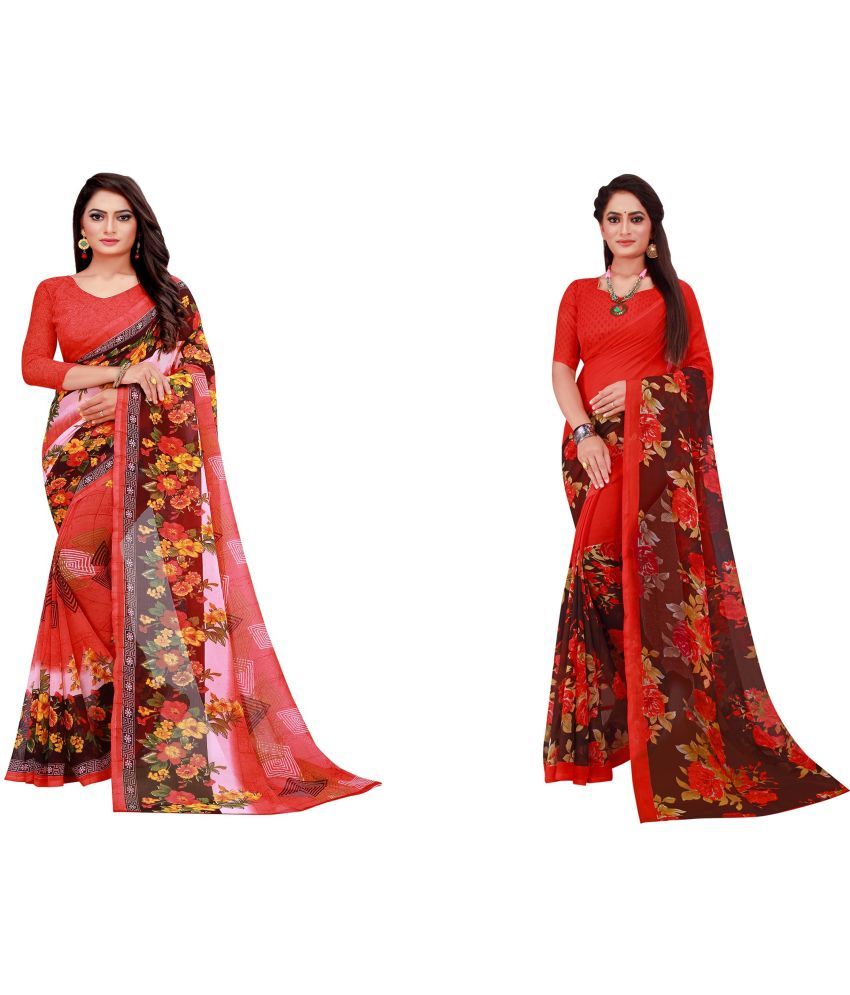     			Vkaran Cotton Silk Printed Saree With Blouse Piece - Multicolor ( Pack of 2 )