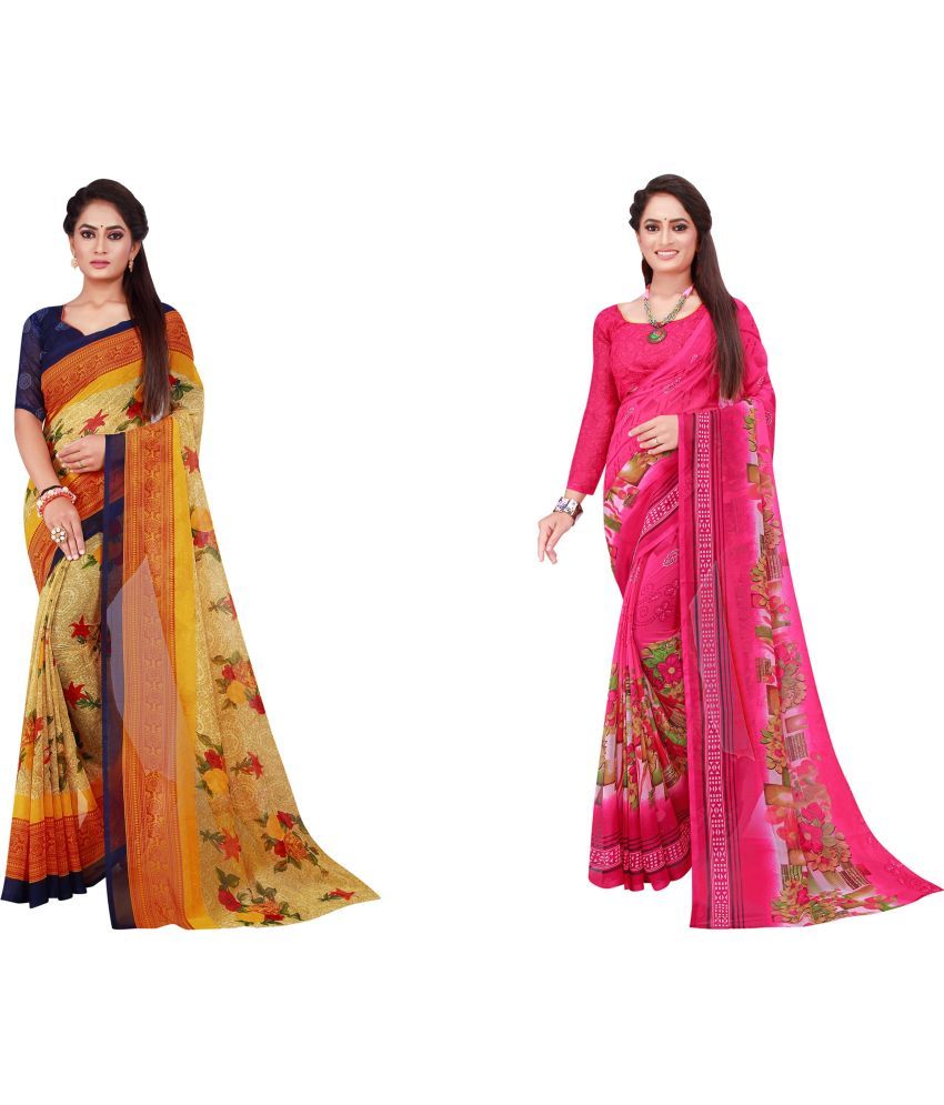     			Vkaran Cotton Silk Printed Saree With Blouse Piece - Multicolor ( Pack of 2 )