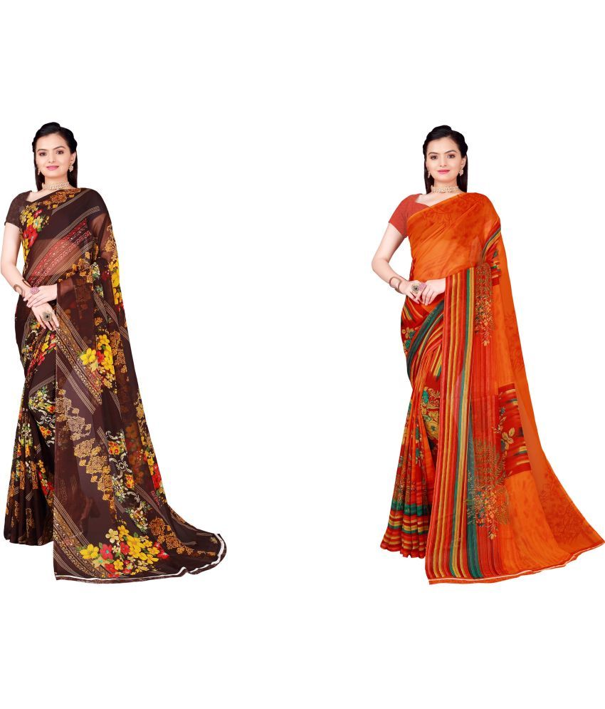     			Vkaran Cotton Silk Printed Saree With Blouse Piece - Multicolor ( Pack of 2 )