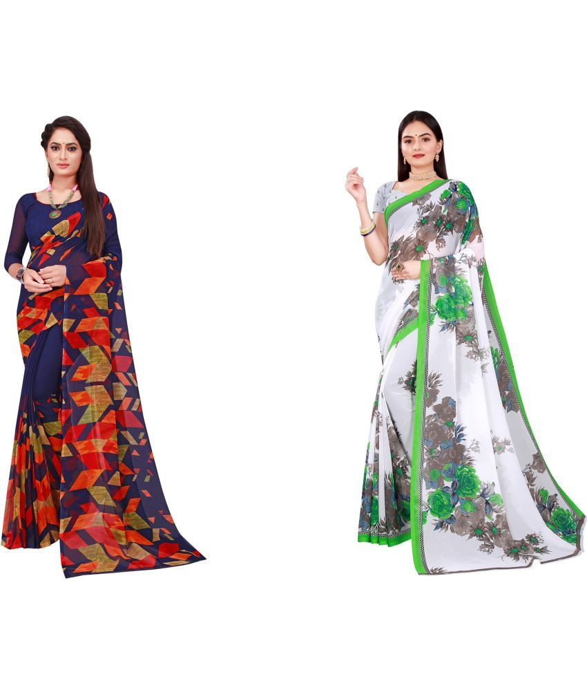     			Vkaran Cotton Silk Printed Saree With Blouse Piece - Multicolor ( Pack of 2 )