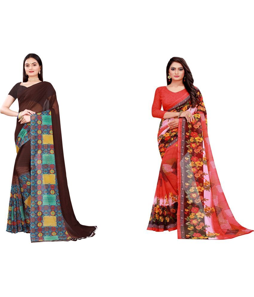     			Vkaran Cotton Silk Printed Saree With Blouse Piece - Multicolor ( Pack of 2 )