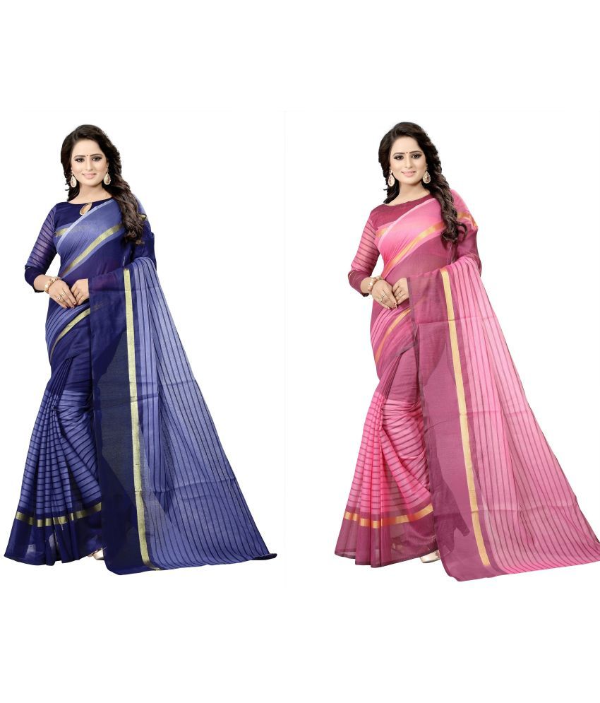     			Vkaran Cotton Silk Printed Saree With Blouse Piece - Multicolor ( Pack of 2 )