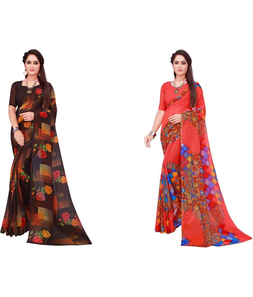     			Vkaran Cotton Silk Printed Saree With Blouse Piece - Multicolor ( Pack of 2 )