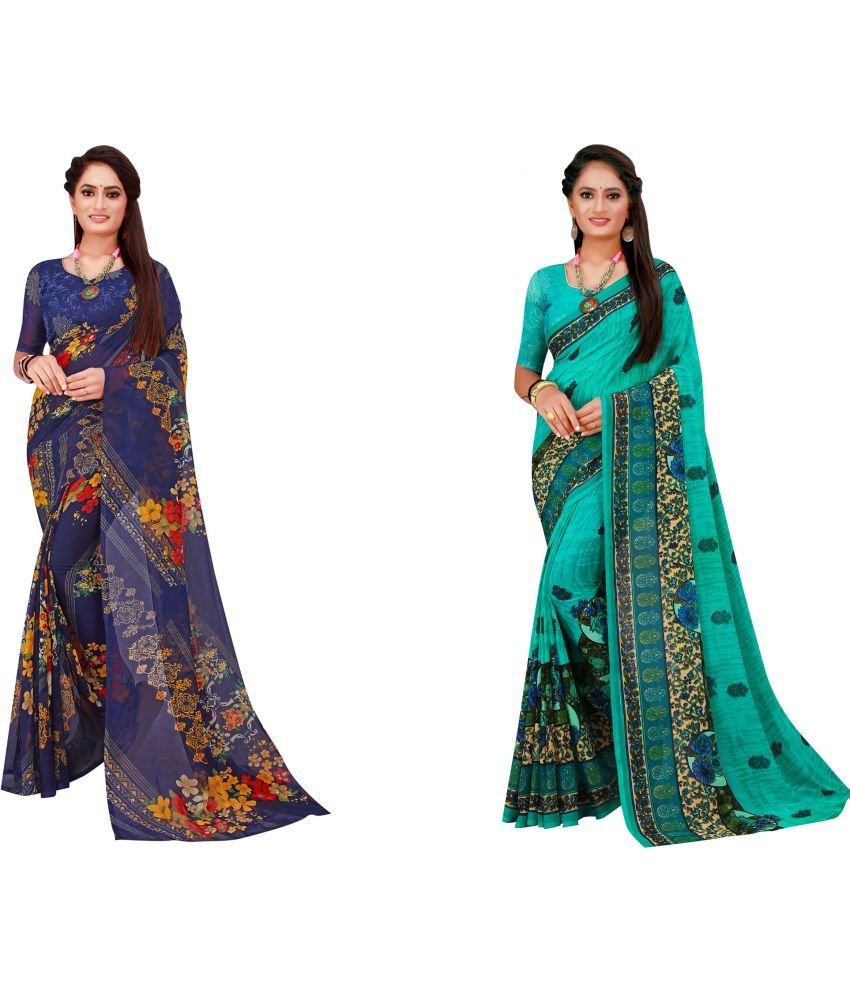     			Vkaran Cotton Silk Printed Saree With Blouse Piece - Multicolor ( Pack of 2 )